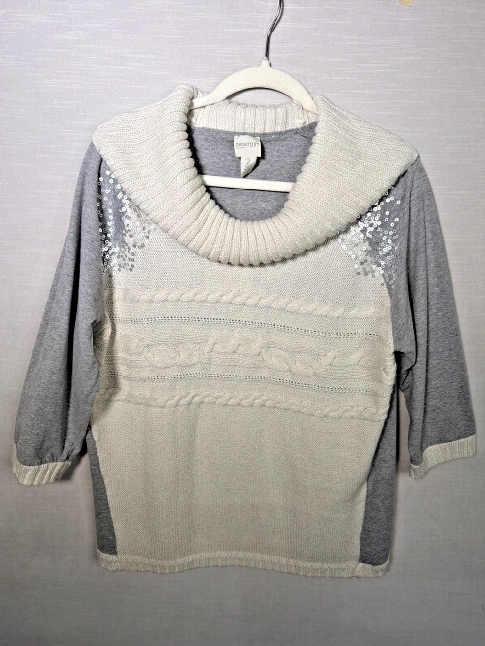 Zenergy Chico's Mixed Media Sweater Gray Cream Sequin Cowl Neck